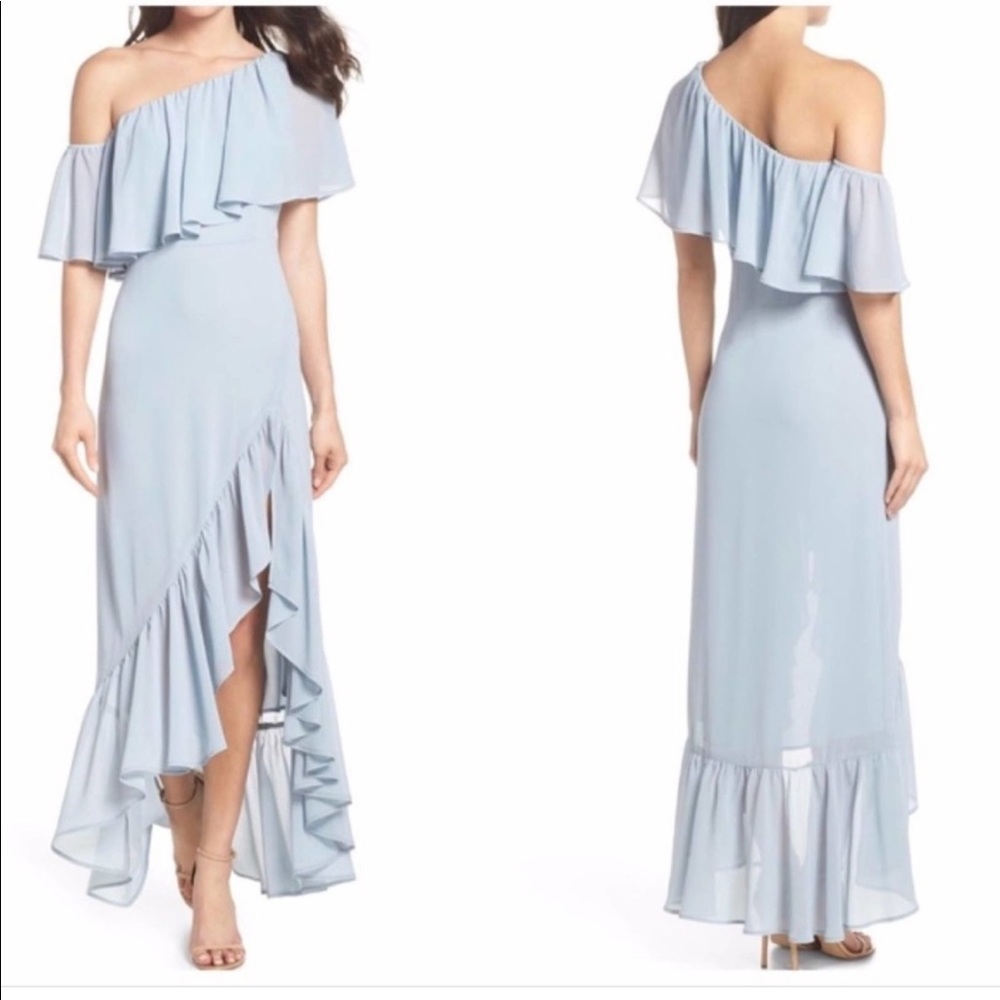 NWOT Show Me Your Mumu Tango Ruffle Maxi Dress in Blue - Side Slit. Bridesmaid